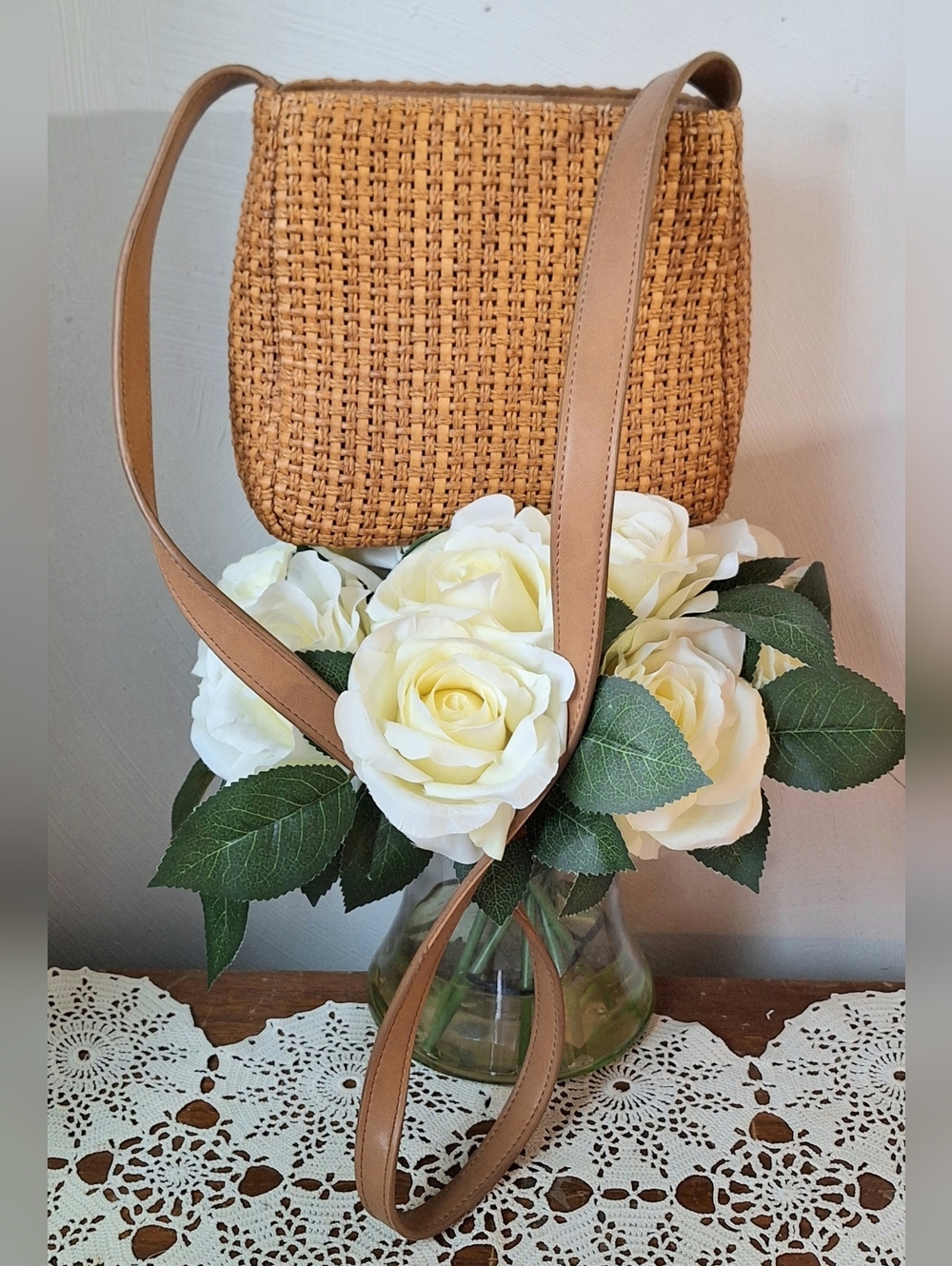 Vintage Fossil Raffia Weaved Crossbody Bag With Faux Leather Strap